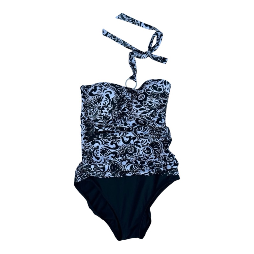 Ralph Lauren Swimsuit Size 10 Womens Black White Halter Floral One Piece Padded